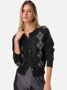 NWT CAMI NYC Charcoal Argyle Button-Front Women's Sweater Cashmere Cardigan